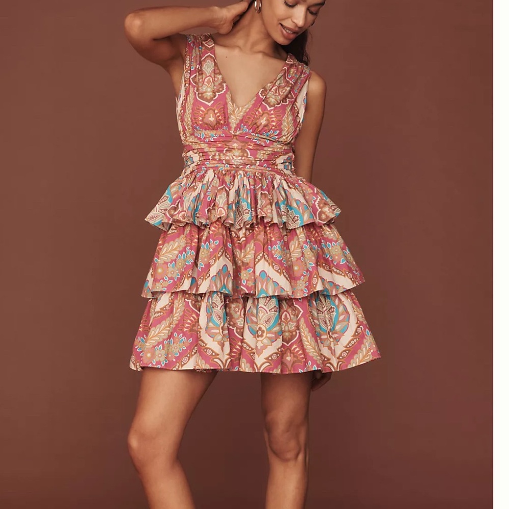 NWT Anthropologie Love The Label Quinn Sleeveless VNeck Tiered Ruffle Mini Dress